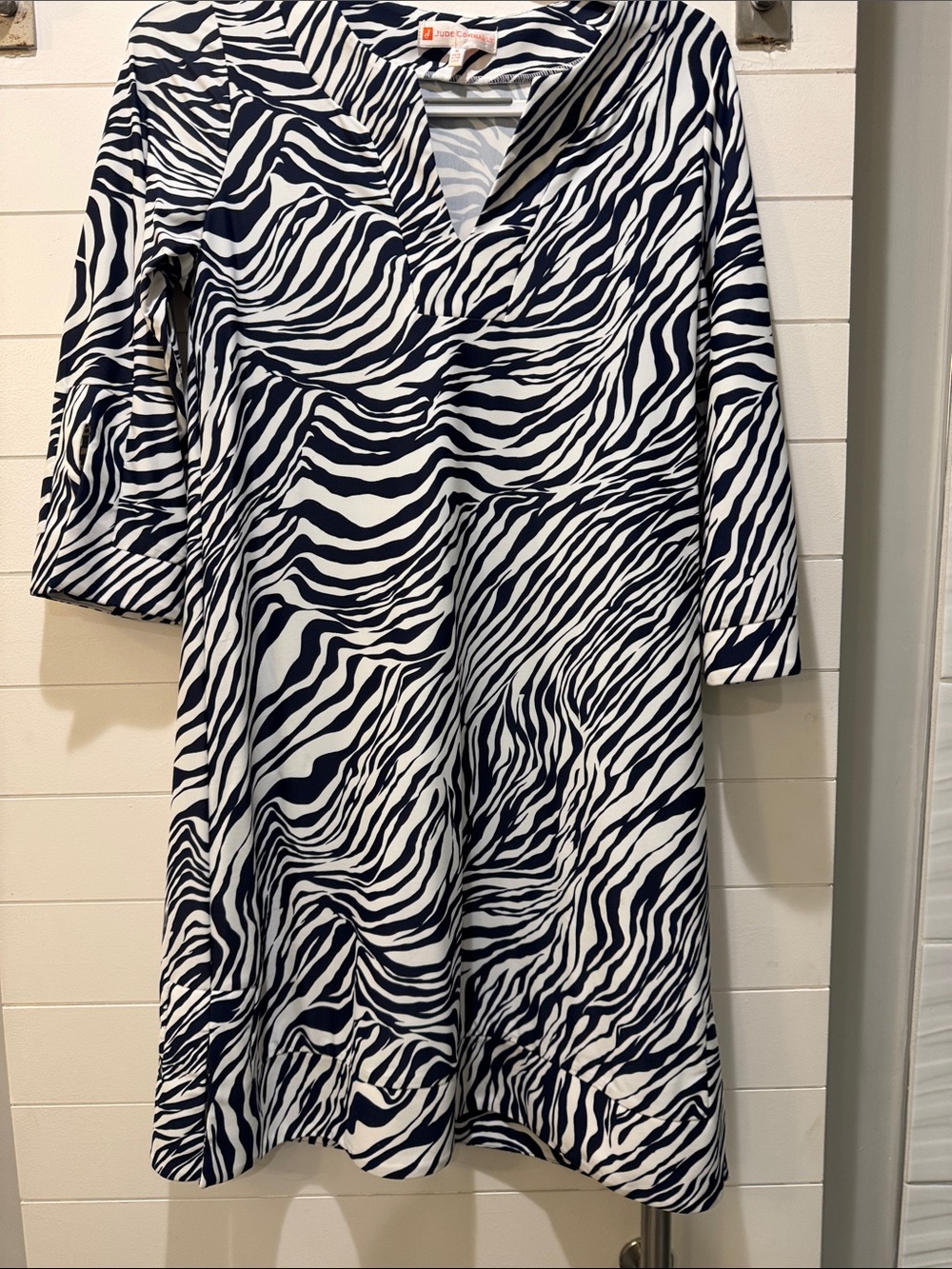 Jude Connally Navy and White Zebra-Print V-Neck Mini Dress